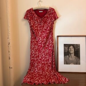 vintage red silk floral print midi dress ruffle neckline short sleeve